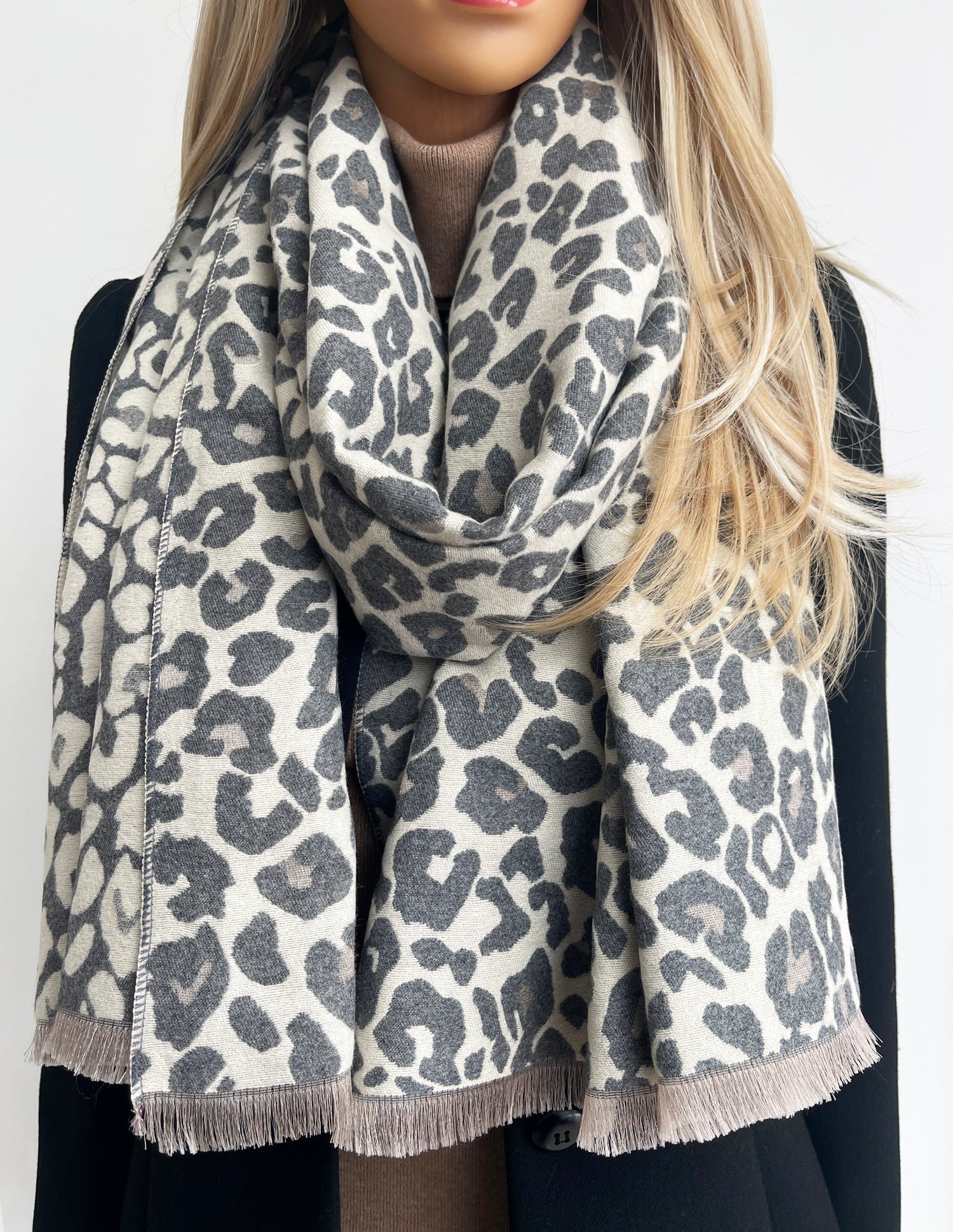 LARGE GREY LEOPARD PRINT REVERSIBLE WINTER SHAWL BLANKET SCARF