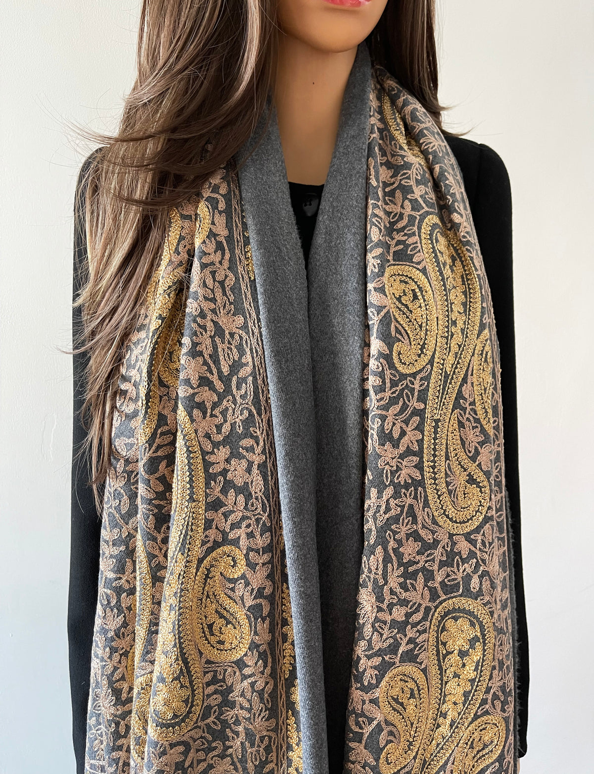 Large Grey Paisley Cashmere Cotton Blend Winter Shawl Blanket Scarf