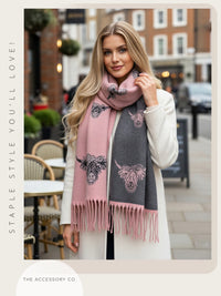 LARGE LIGHT PINK HIGHLAND COW CASHMERE REVERSIBLE SHAWL SCARF