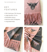 LARGE LIGHT PINK HIGHLAND COW CASHMERE REVERSIBLE SHAWL SCARF