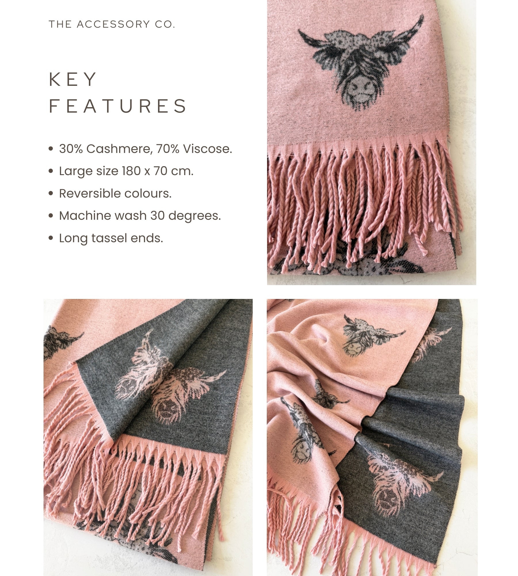 LARGE LIGHT PINK HIGHLAND COW CASHMERE REVERSIBLE SHAWL SCARF