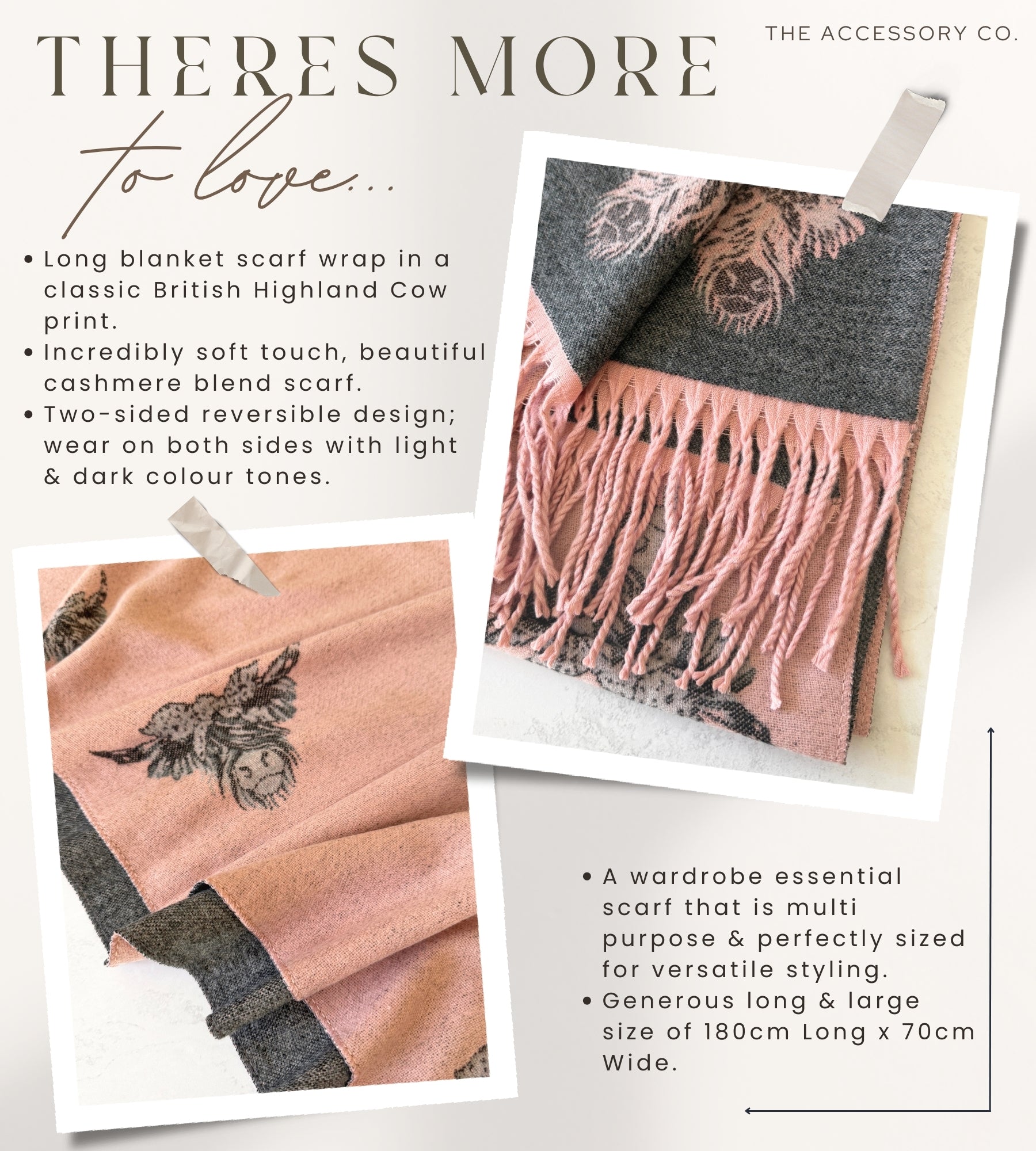 LARGE LIGHT PINK HIGHLAND COW CASHMERE REVERSIBLE SHAWL SCARF