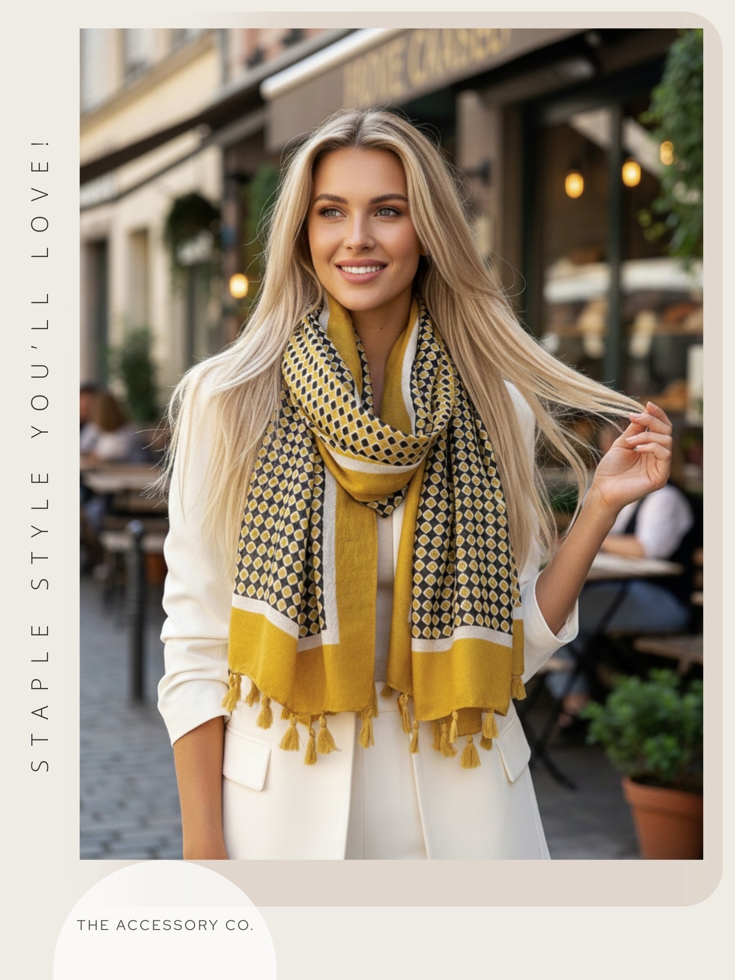 LARGE MUSTARD YELLOW DIAMOND PRINT SHAWL SCARF WITH TASSELS