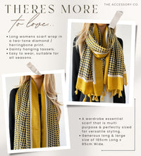 LARGE MUSTARD YELLOW DIAMOND PRINT SHAWL SCARF WITH TASSELS