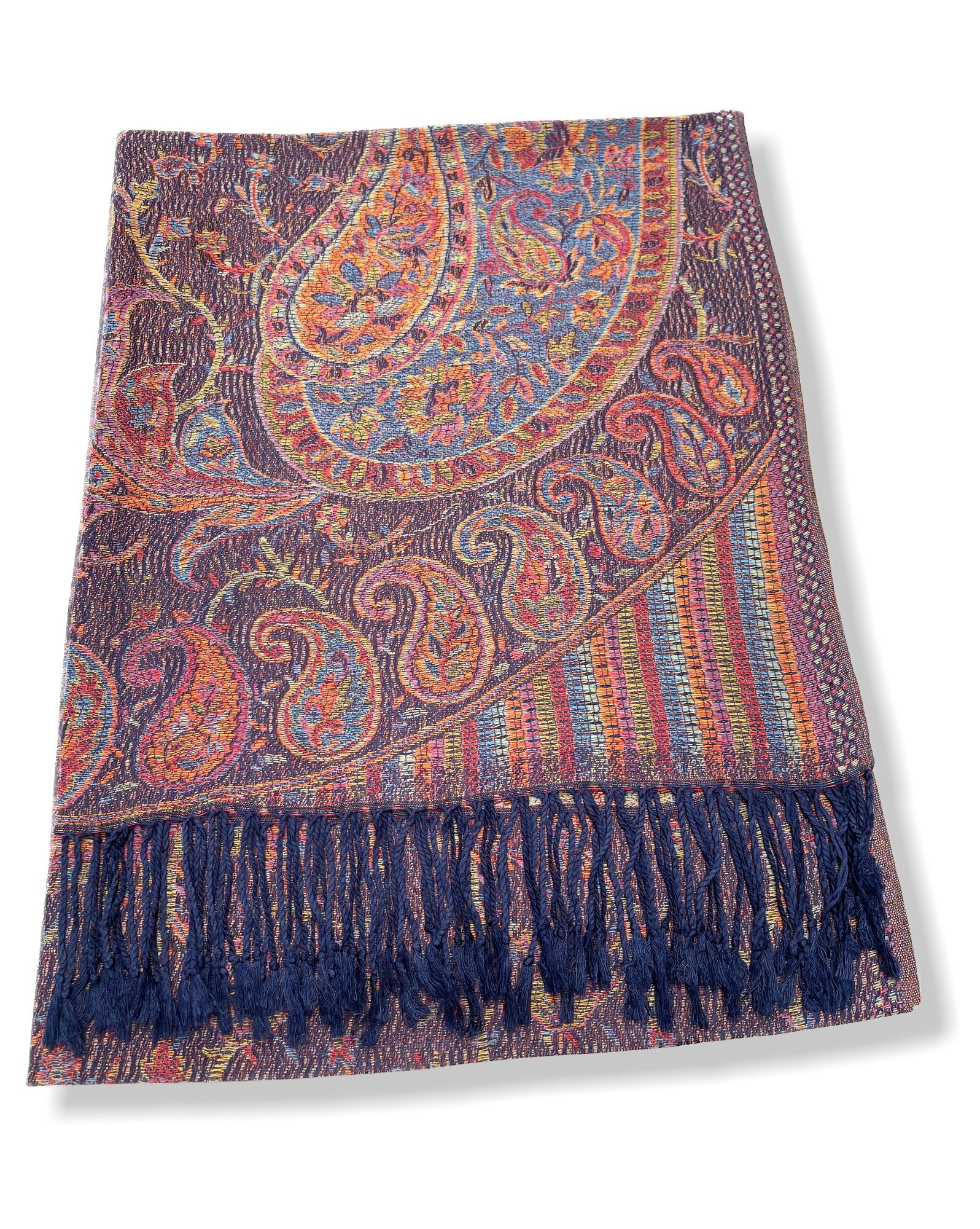LARGE NAVY BLUE MULTI COLOUR PAISLEY PASHMINA SHAWL SCARF WRAP