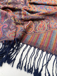 LARGE NAVY BLUE MULTI COLOUR PAISLEY PASHMINA SHAWL SCARF WRAP