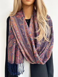 LARGE NAVY BLUE MULTI COLOUR PAISLEY PASHMINA SHAWL SCARF WRAP