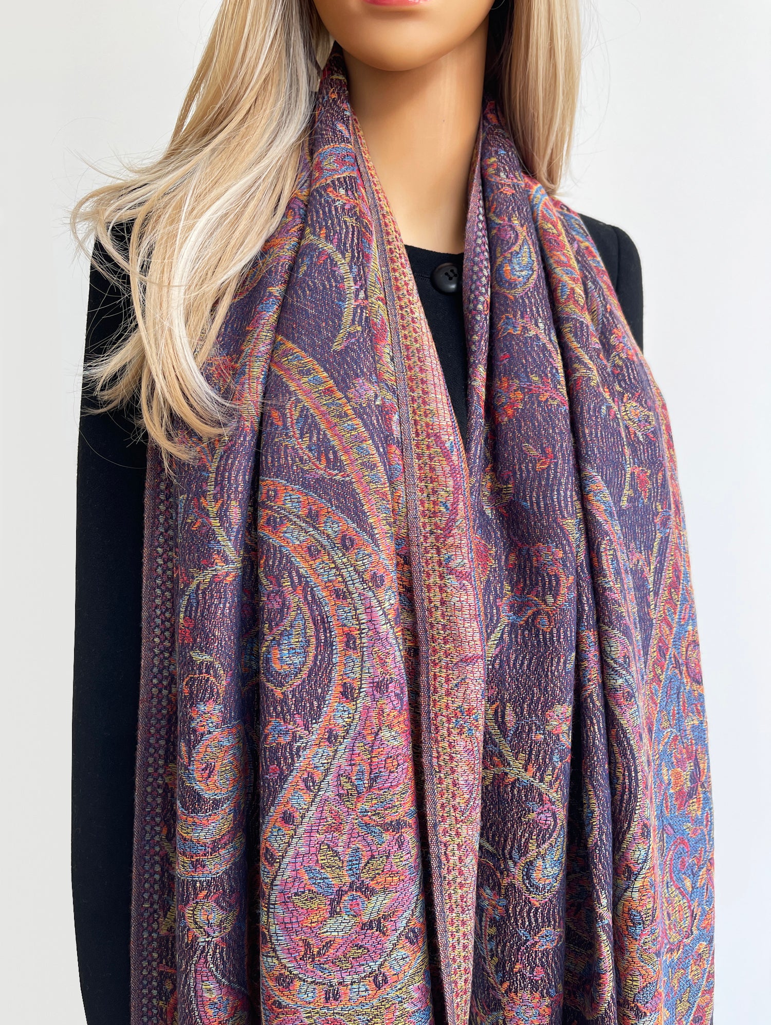 LARGE NAVY BLUE MULTI COLOUR PAISLEY PASHMINA SHAWL SCARF WRAP