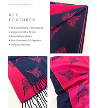 LARGE NAVY FUCHSIA HIGHLAND COW CASHMERE REVERSIBLE SHAWL SCARF