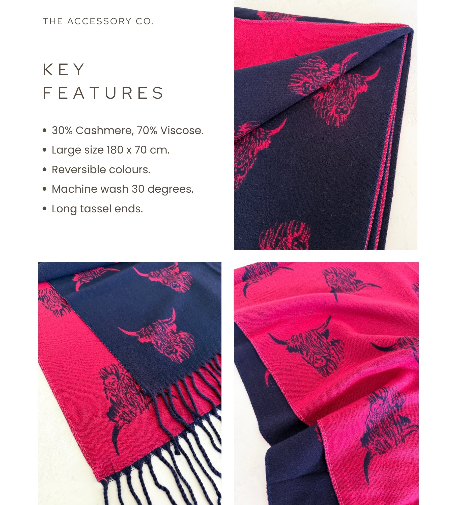 LARGE NAVY FUCHSIA HIGHLAND COW CASHMERE REVERSIBLE SHAWL SCARF