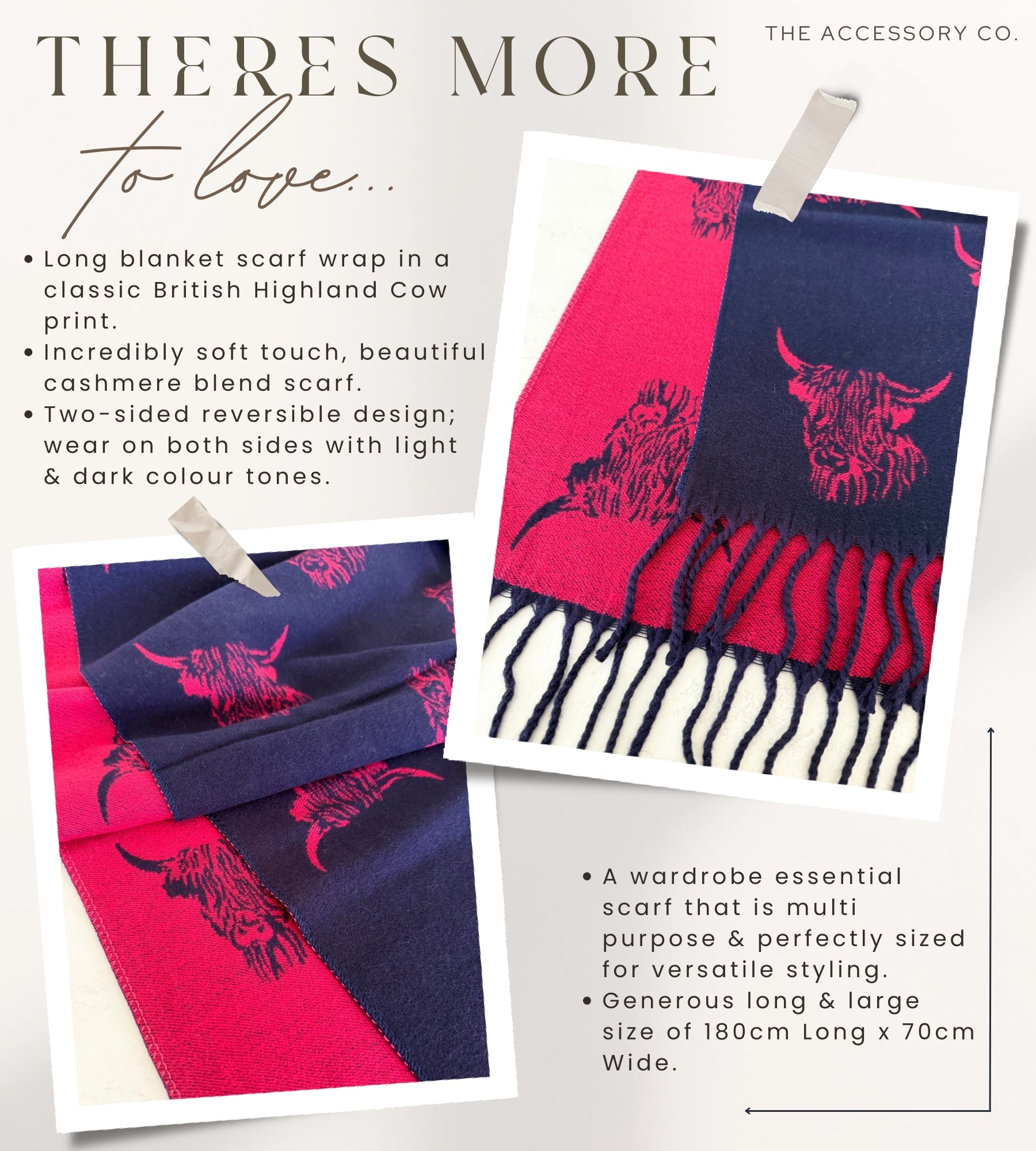 LARGE NAVY FUCHSIA HIGHLAND COW CASHMERE REVERSIBLE SHAWL SCARF