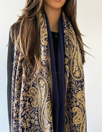 Navy Paisley Cashmere Cotton Blend Winter Shawl Blanket Scarf