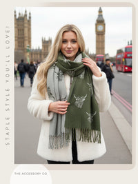 LARGE OLIVE BEIGE HIGHLAND COW CASHMERE REVERSIBLE SHAWL SCARF