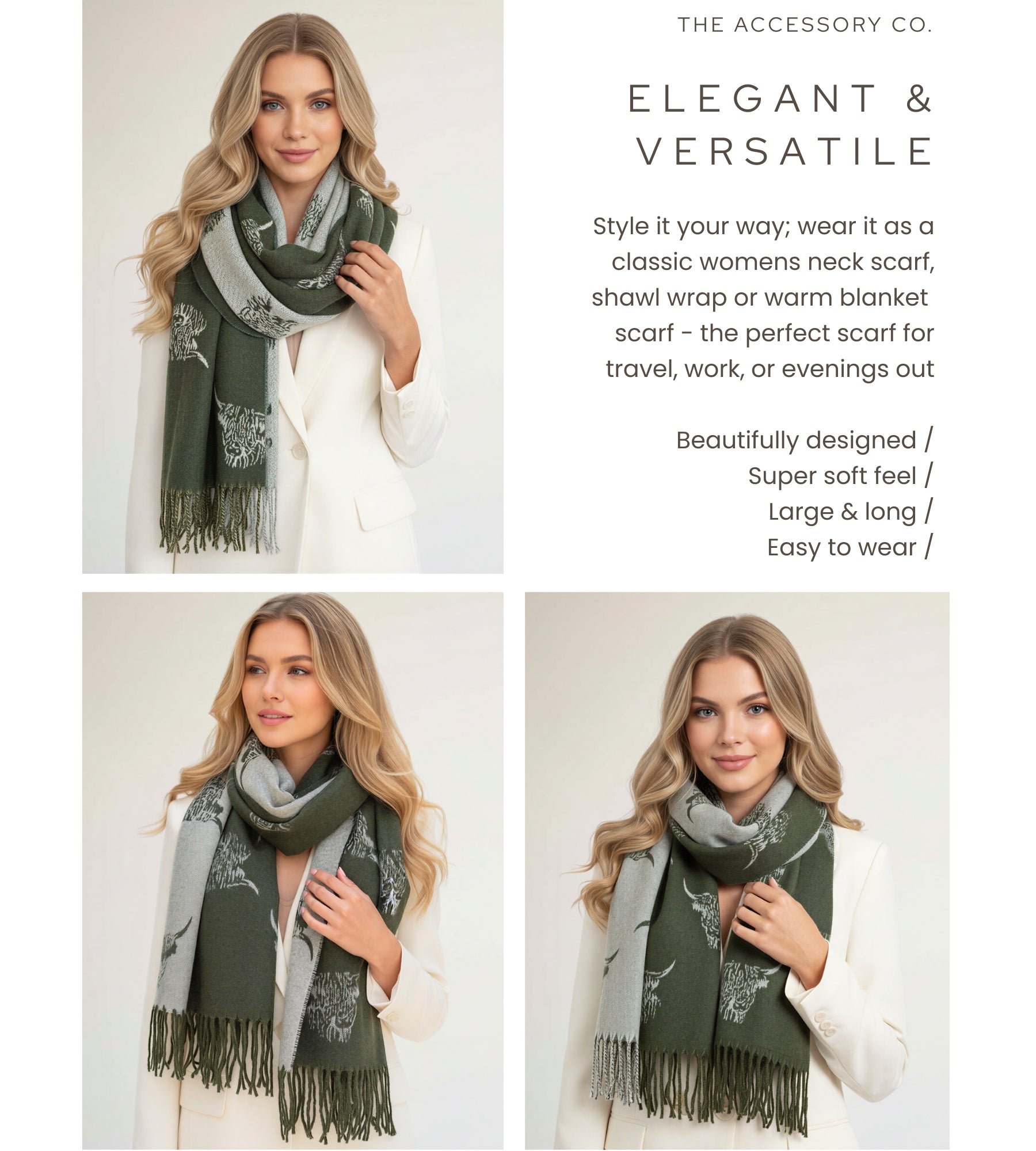 LARGE OLIVE BEIGE HIGHLAND COW CASHMERE REVERSIBLE SHAWL SCARF