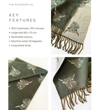 LARGE OLIVE BEIGE HIGHLAND COW CASHMERE REVERSIBLE SHAWL SCARF