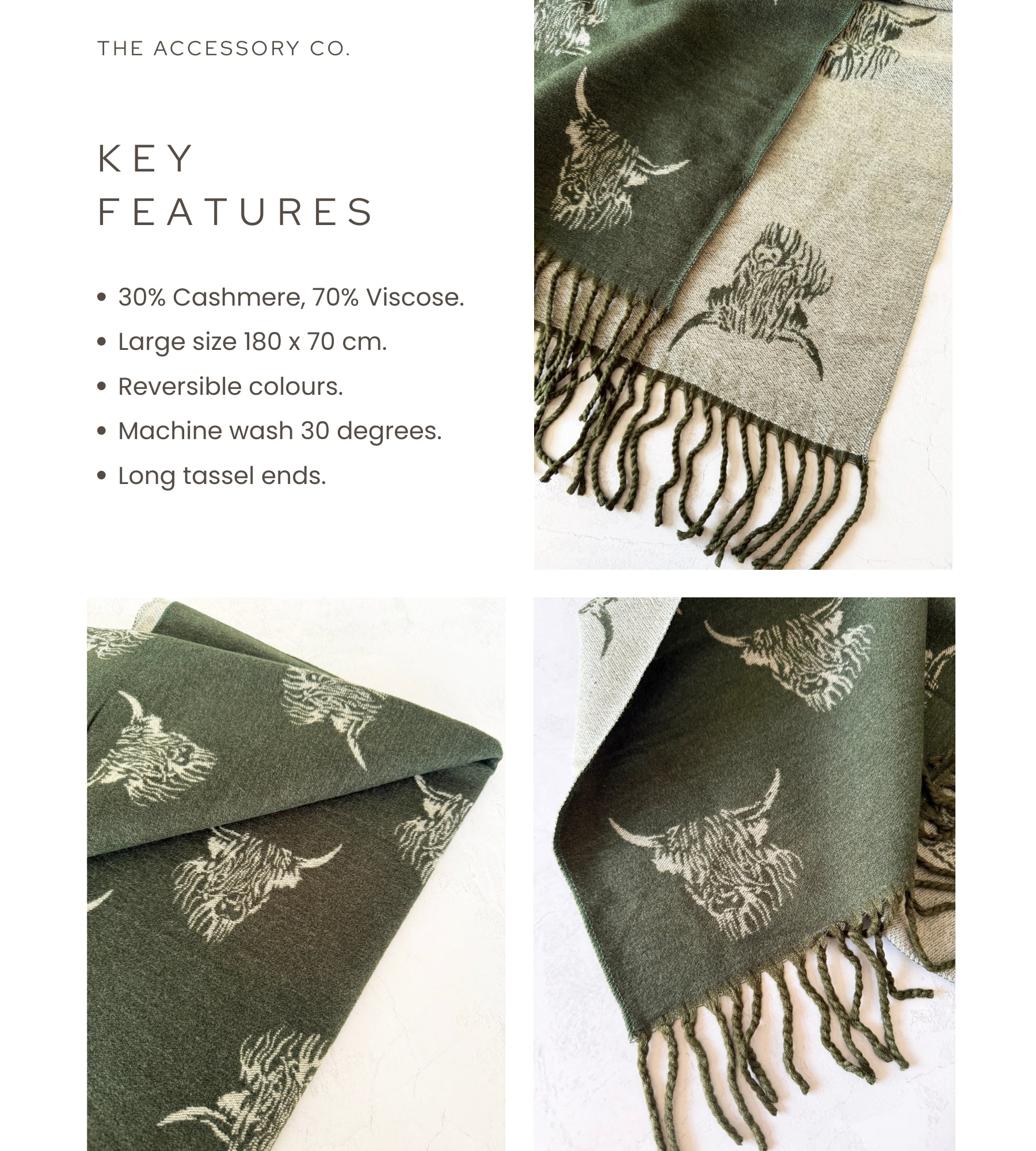 LARGE OLIVE BEIGE HIGHLAND COW CASHMERE REVERSIBLE SHAWL SCARF