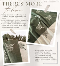 LARGE OLIVE BEIGE HIGHLAND COW CASHMERE REVERSIBLE SHAWL SCARF