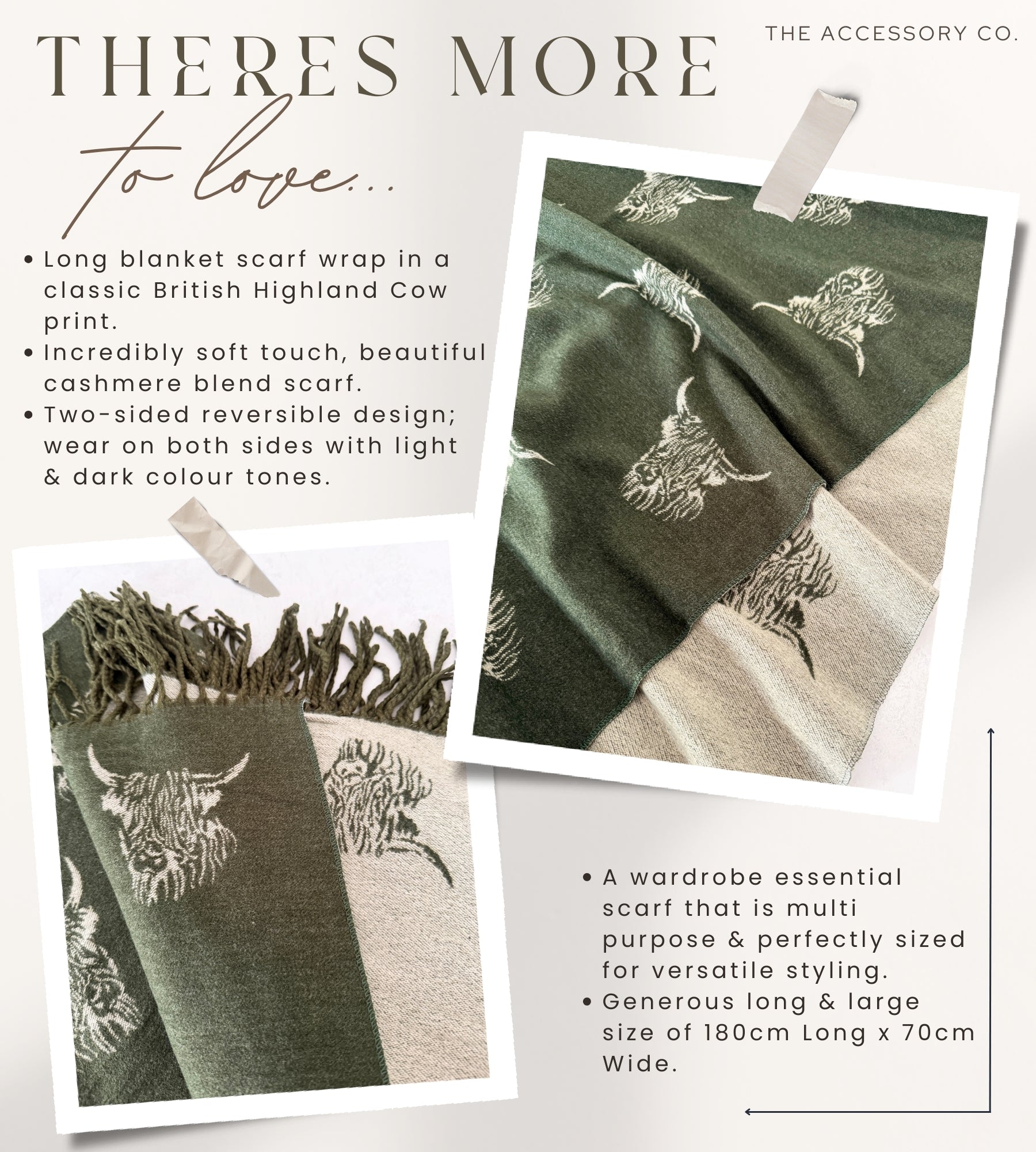 LARGE OLIVE BEIGE HIGHLAND COW CASHMERE REVERSIBLE SHAWL SCARF