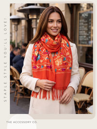 LARGE ORANGE FLOWER PRINT CASHMERE COTTON BLEND WINTER SHAWL BLANKET SCARF