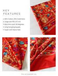 LARGE ORANGE FLOWER PRINT CASHMERE COTTON BLEND WINTER SHAWL BLANKET SCARF