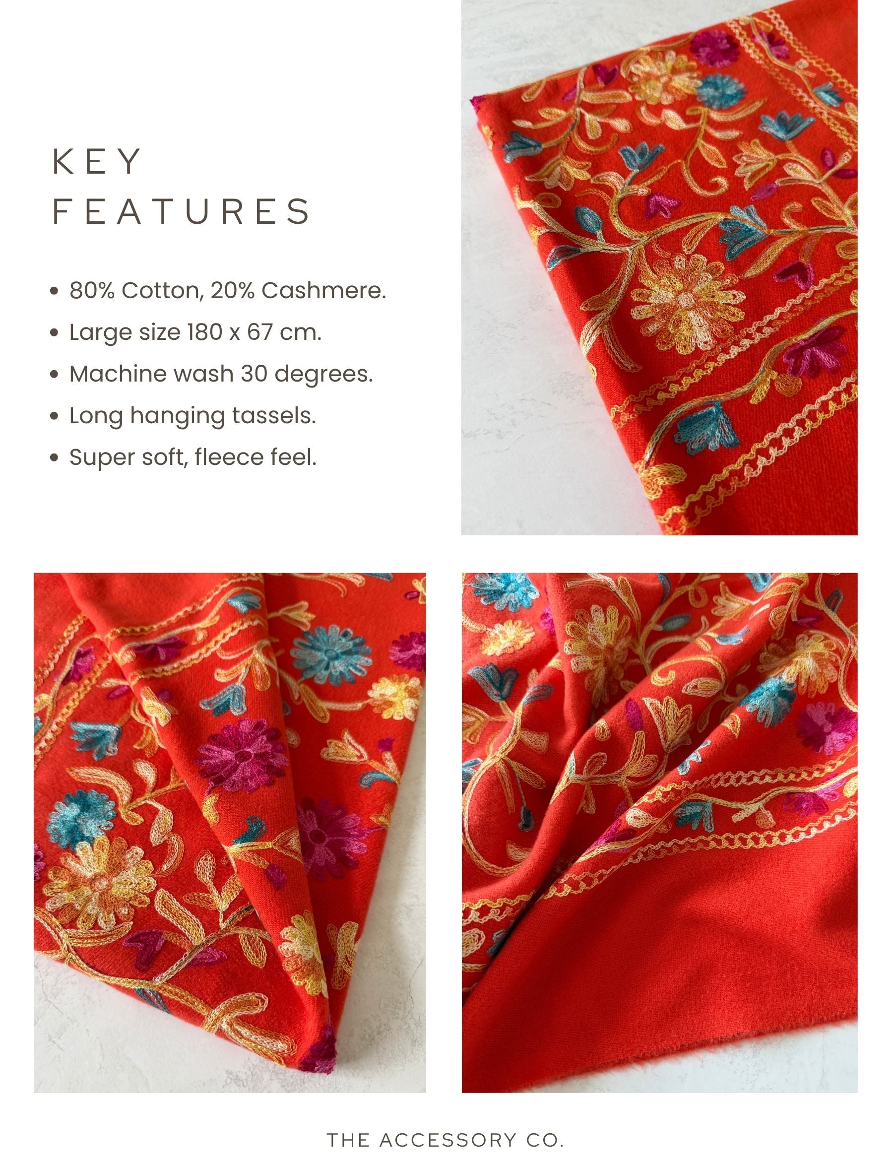 LARGE ORANGE FLOWER PRINT CASHMERE COTTON BLEND WINTER SHAWL BLANKET SCARF