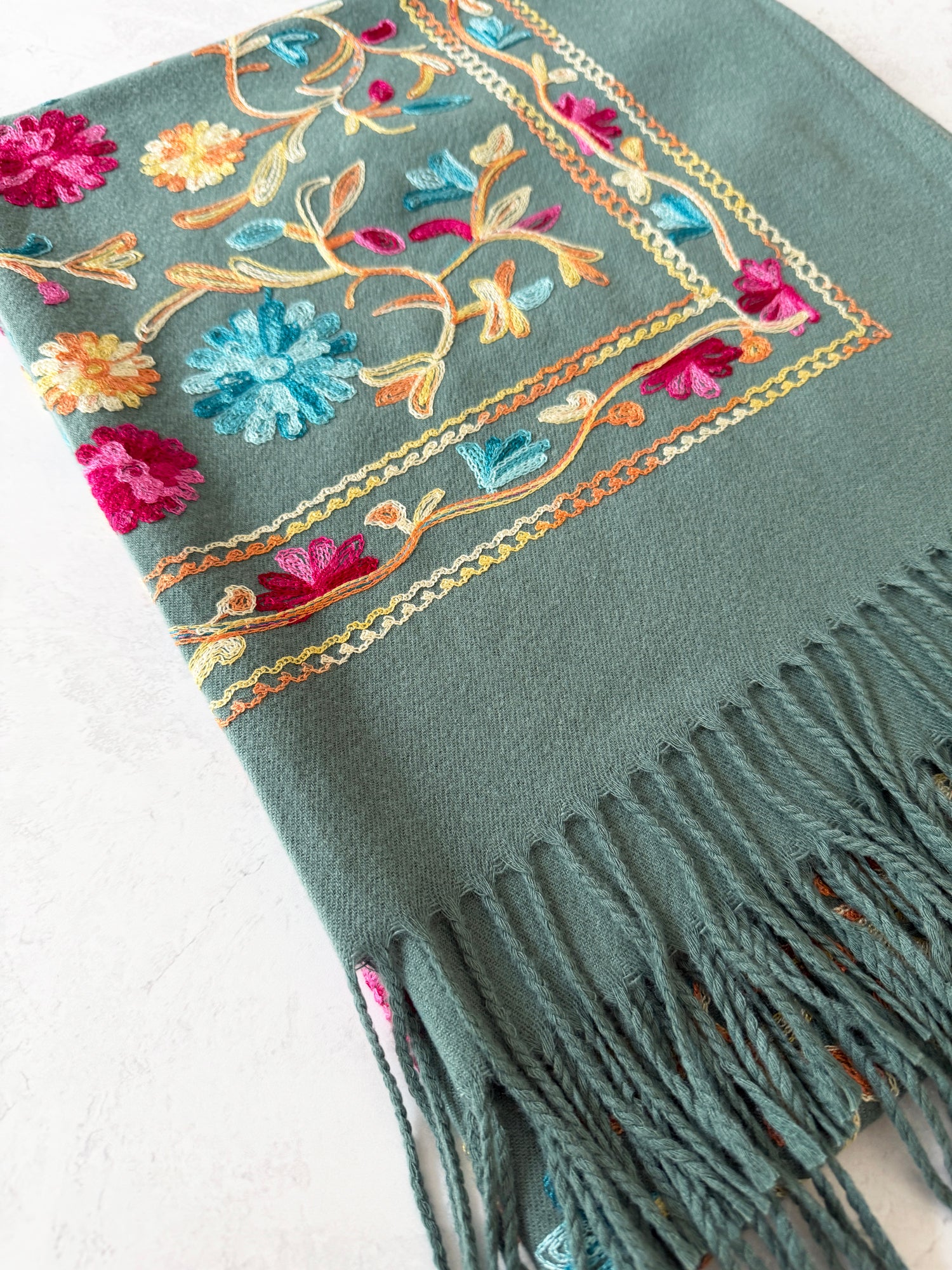 LARGE PASTEL GREEN FLOWER PRINT CASHMERE COTTON BLEND WINTER SHAWL BLANKET SCARF