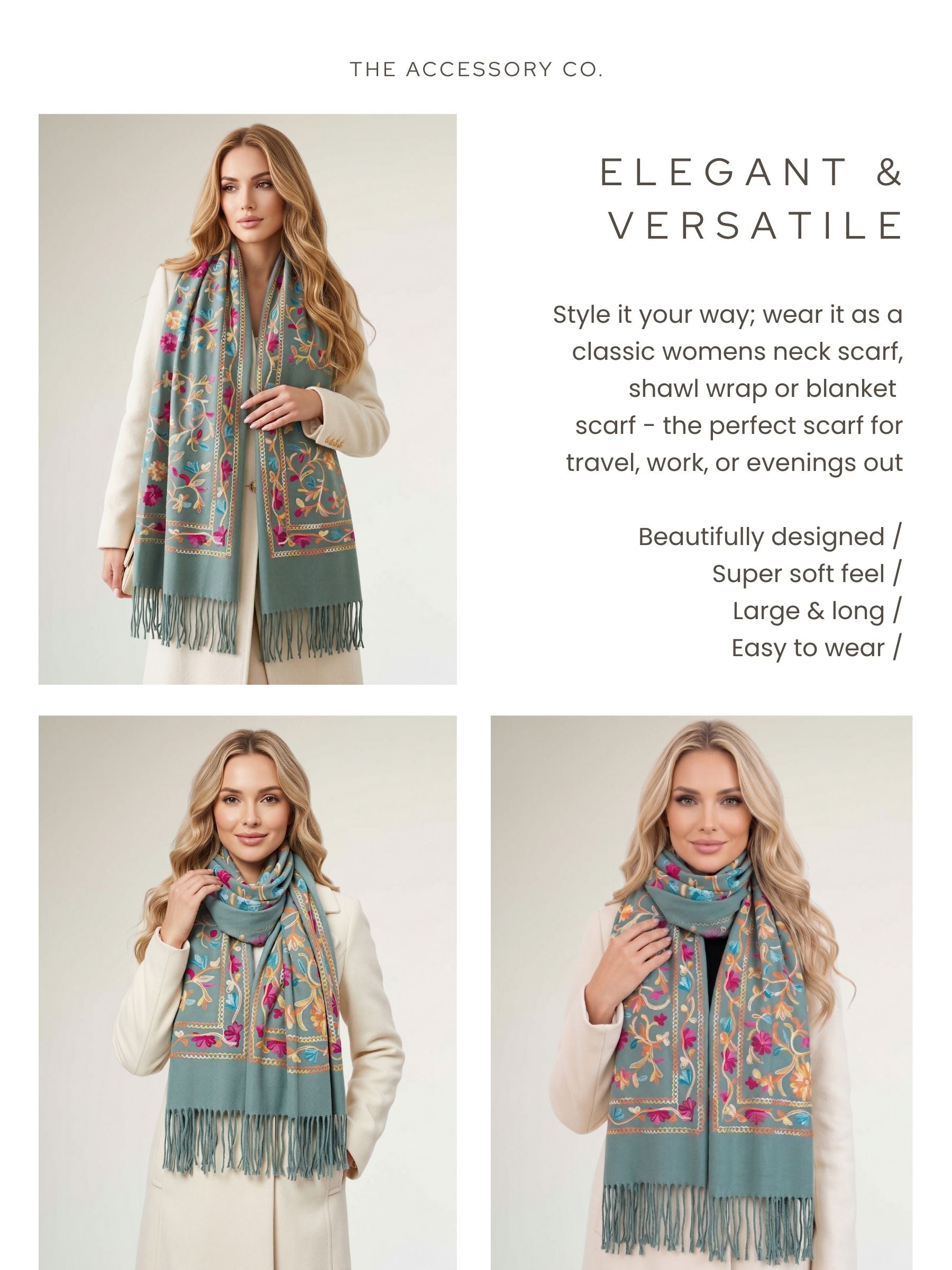 LARGE PASTEL GREEN FLOWER PRINT CASHMERE COTTON BLEND WINTER SHAWL BLANKET SCARF