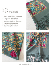 LARGE PASTEL GREEN FLOWER PRINT CASHMERE COTTON BLEND WINTER SHAWL BLANKET SCARF