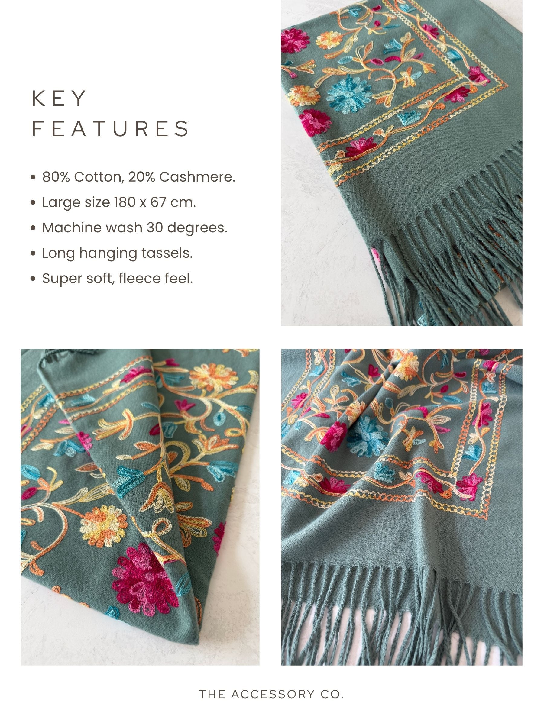 LARGE PASTEL GREEN FLOWER PRINT CASHMERE COTTON BLEND WINTER SHAWL BLANKET SCARF
