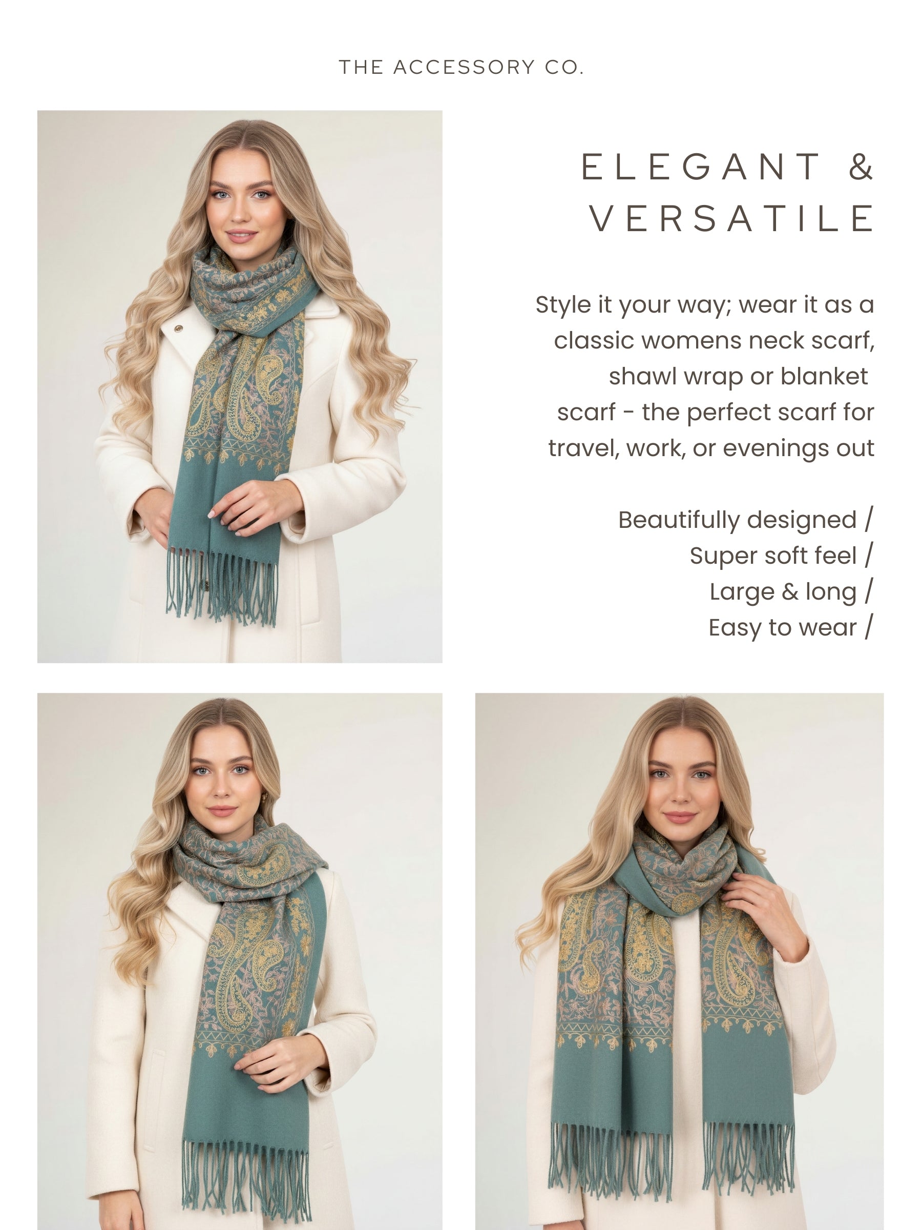 LARGE PASTEL GREEN PAISLEY CASHMERE COTTON BLEND WINTER SHAWL BLANKET SCARF