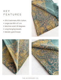 LARGE PASTEL GREEN PAISLEY CASHMERE COTTON BLEND WINTER SHAWL BLANKET SCARF