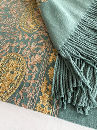 LARGE PASTEL GREEN PAISLEY CASHMERE COTTON BLEND WINTER SHAWL BLANKET SCARF