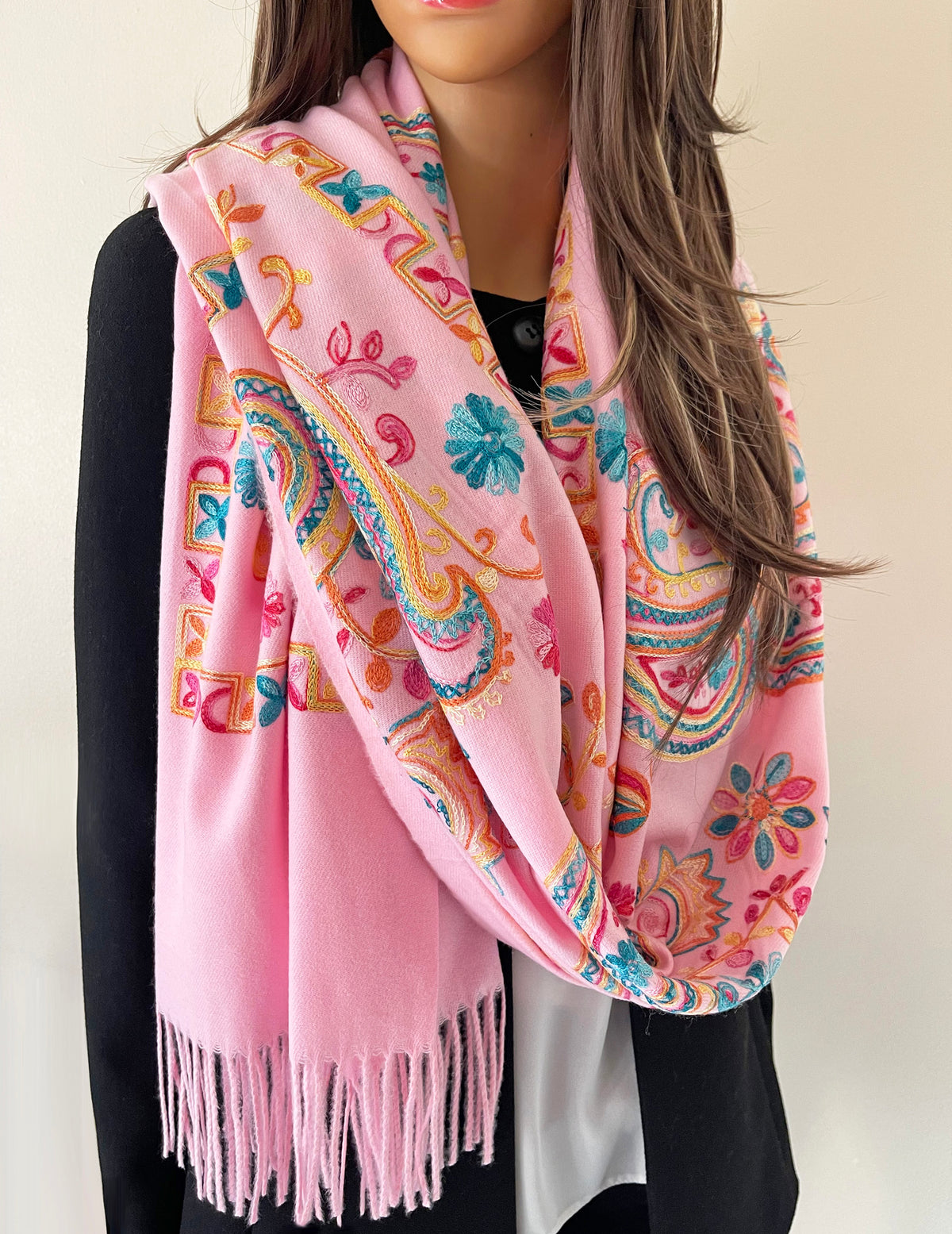 Pink Colourful Paisley Cashmere Cotton Blend Winter Shawl Blanket Scarf