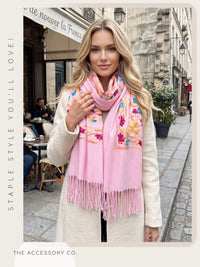 LARGE PINK FLOWER PRINT CASHMERE COTTON BLEND WINTER SHAWL BLANKET SCARF