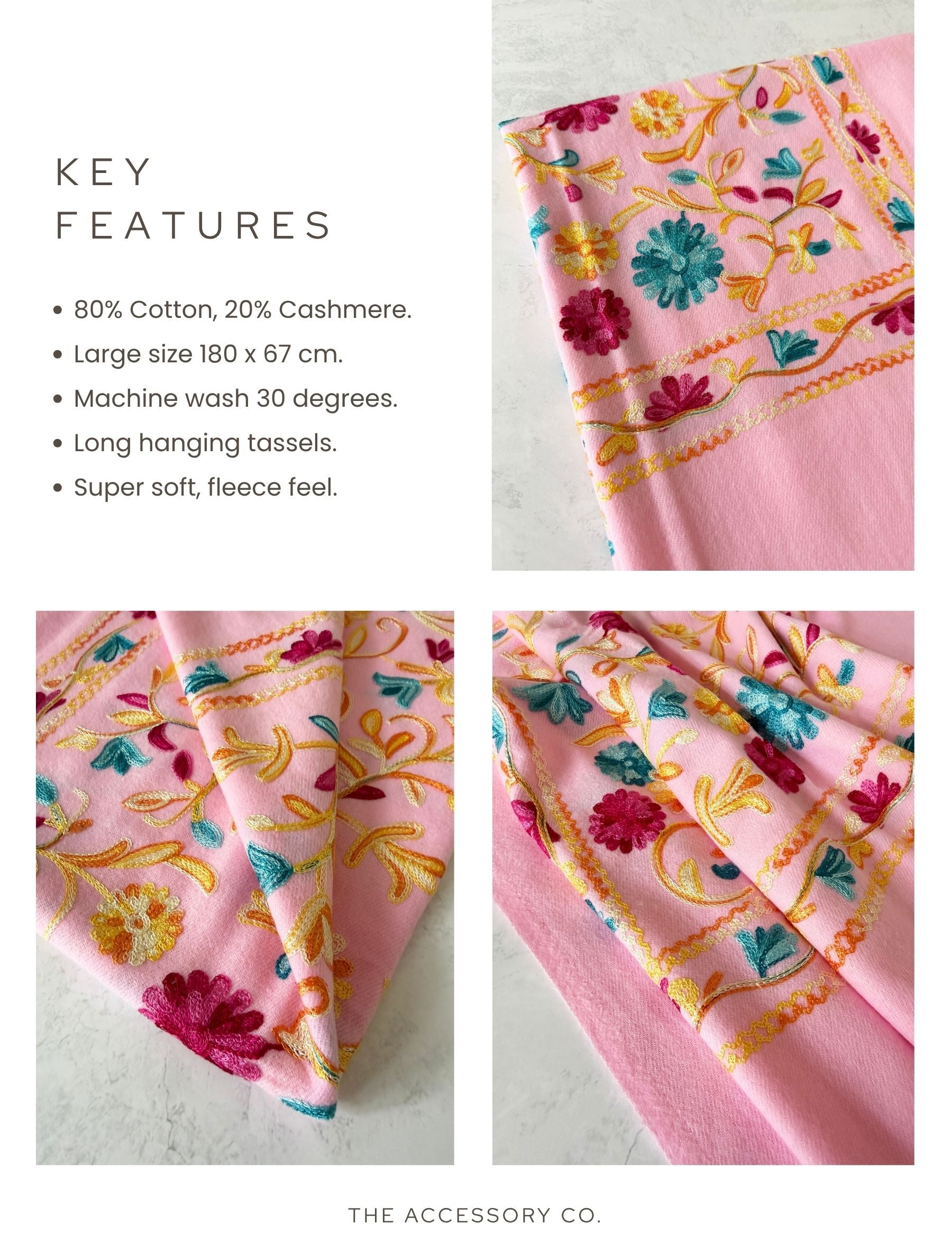 LARGE PINK FLOWER PRINT CASHMERE COTTON BLEND WINTER SHAWL BLANKET SCARF