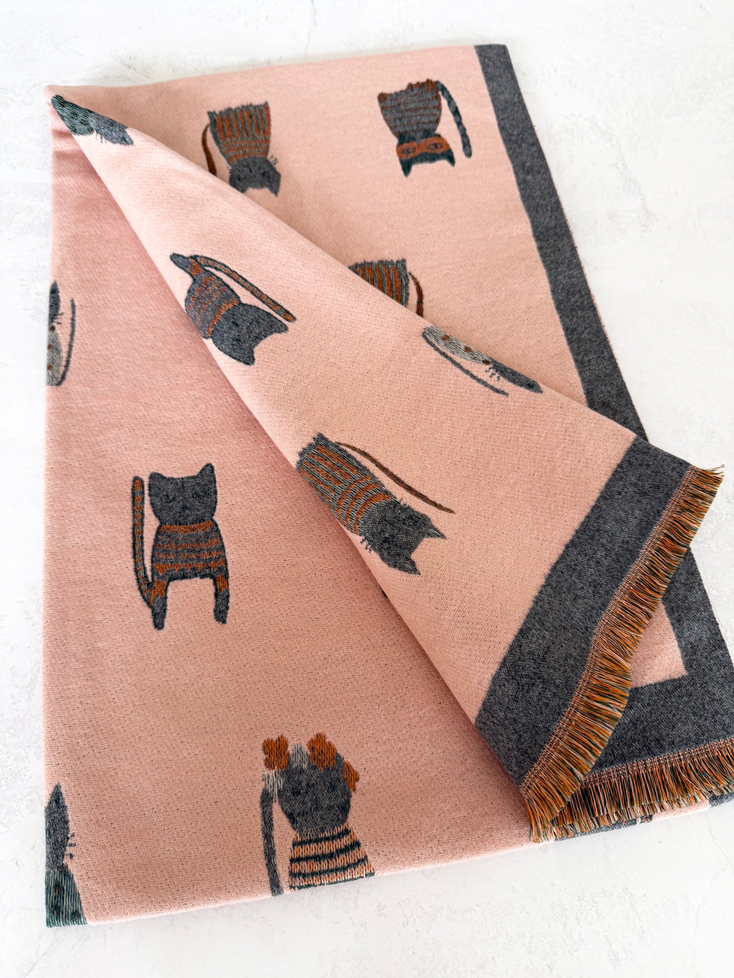 LARGE CASHMERE PINK/GREY CAT PRINT REVERSIBLE WINTER SHAWL BLANKET SCARF