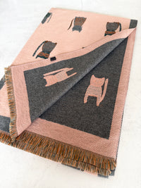 LARGE CASHMERE PINK/GREY CAT PRINT REVERSIBLE WINTER SHAWL BLANKET SCARF