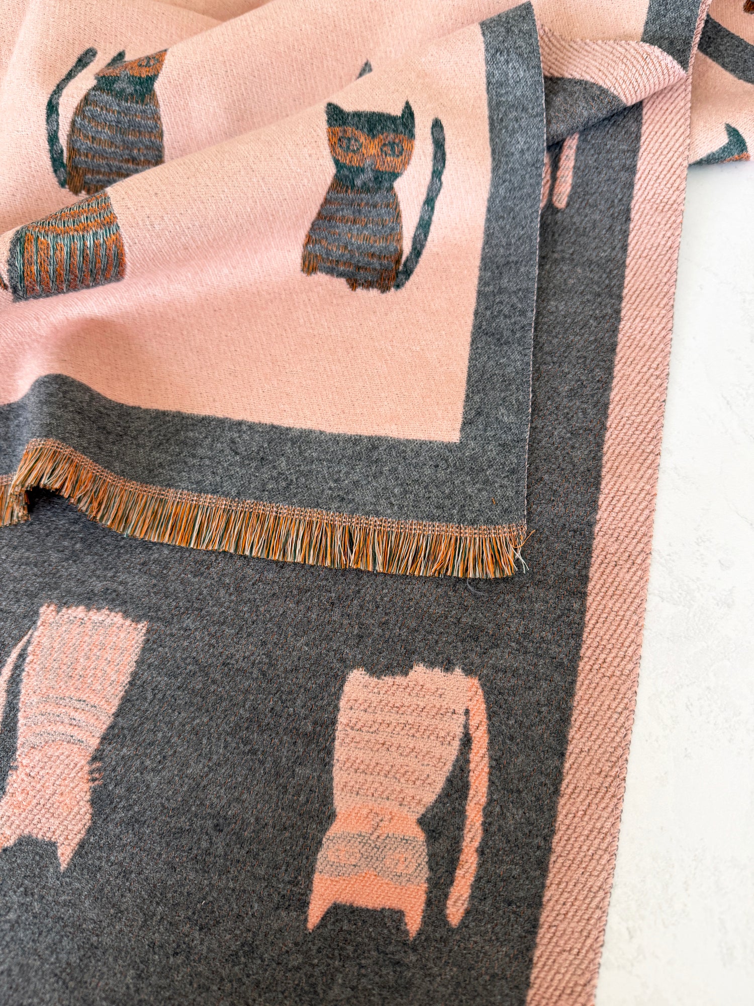 LARGE CASHMERE PINK/GREY CAT PRINT REVERSIBLE WINTER SHAWL BLANKET SCARF