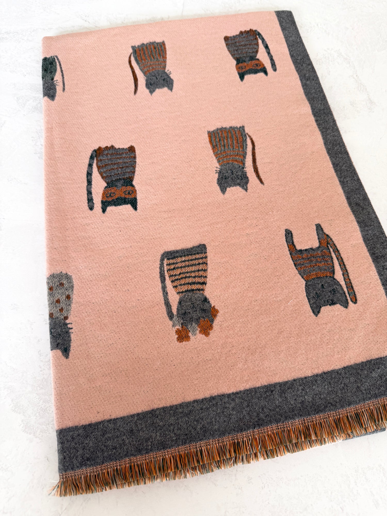 LARGE CASHMERE PINK/GREY CAT PRINT REVERSIBLE WINTER SHAWL BLANKET SCARF