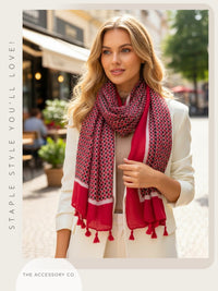 LARGE RED DIAMOND PRINT SHAWL SCARF WITH TASSELS