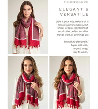 LARGE RED DIAMOND PRINT SHAWL SCARF WITH TASSELS