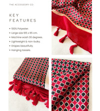 LARGE RED DIAMOND PRINT SHAWL SCARF WITH TASSELS