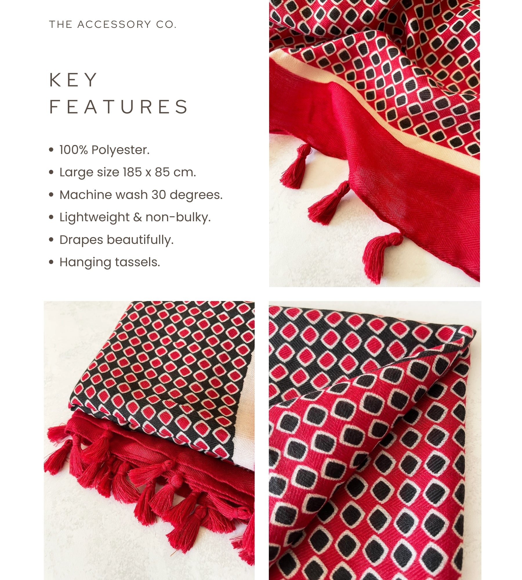 LARGE RED DIAMOND PRINT SHAWL SCARF WITH TASSELS