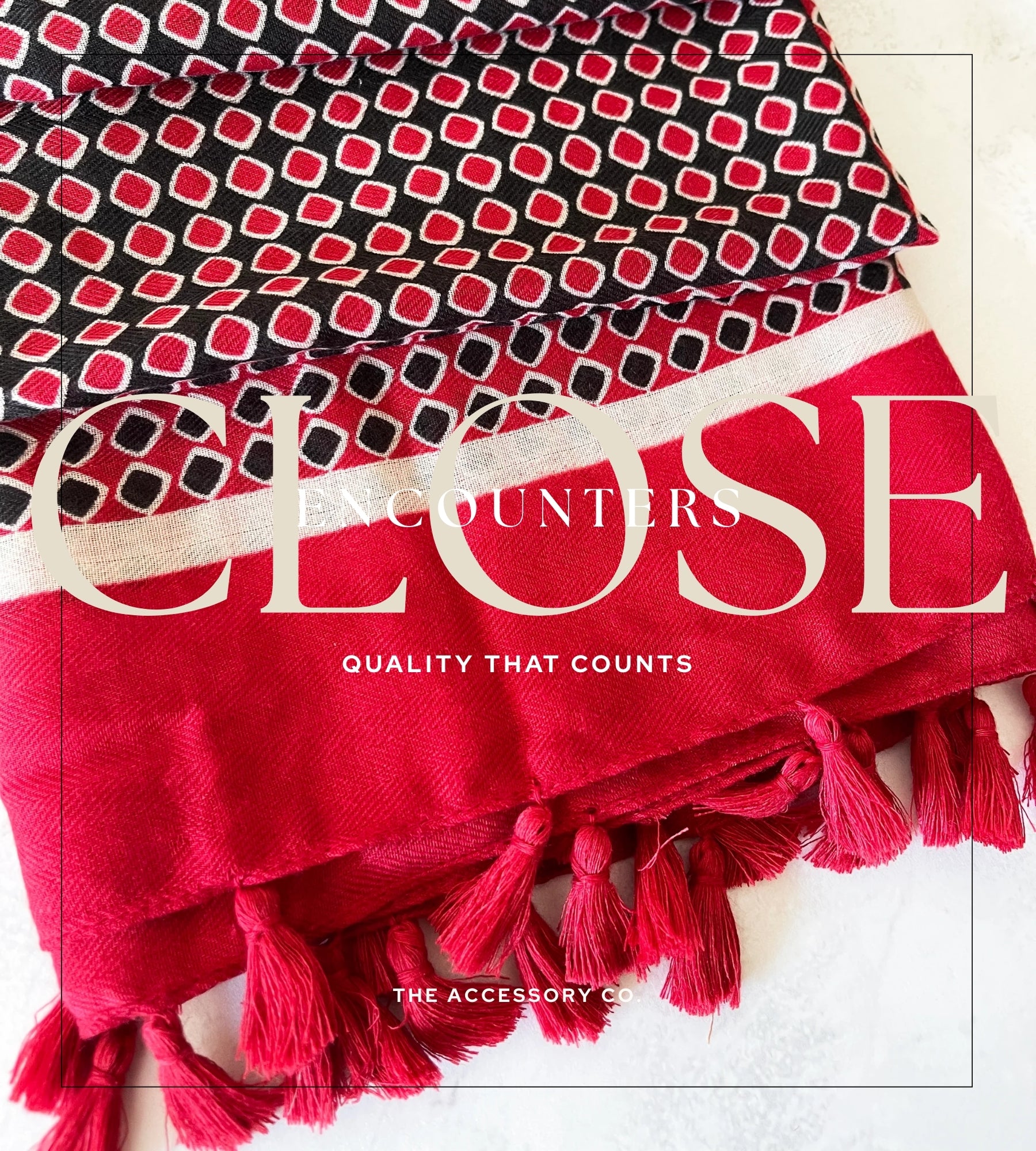 LARGE RED DIAMOND PRINT SHAWL SCARF WITH TASSELS