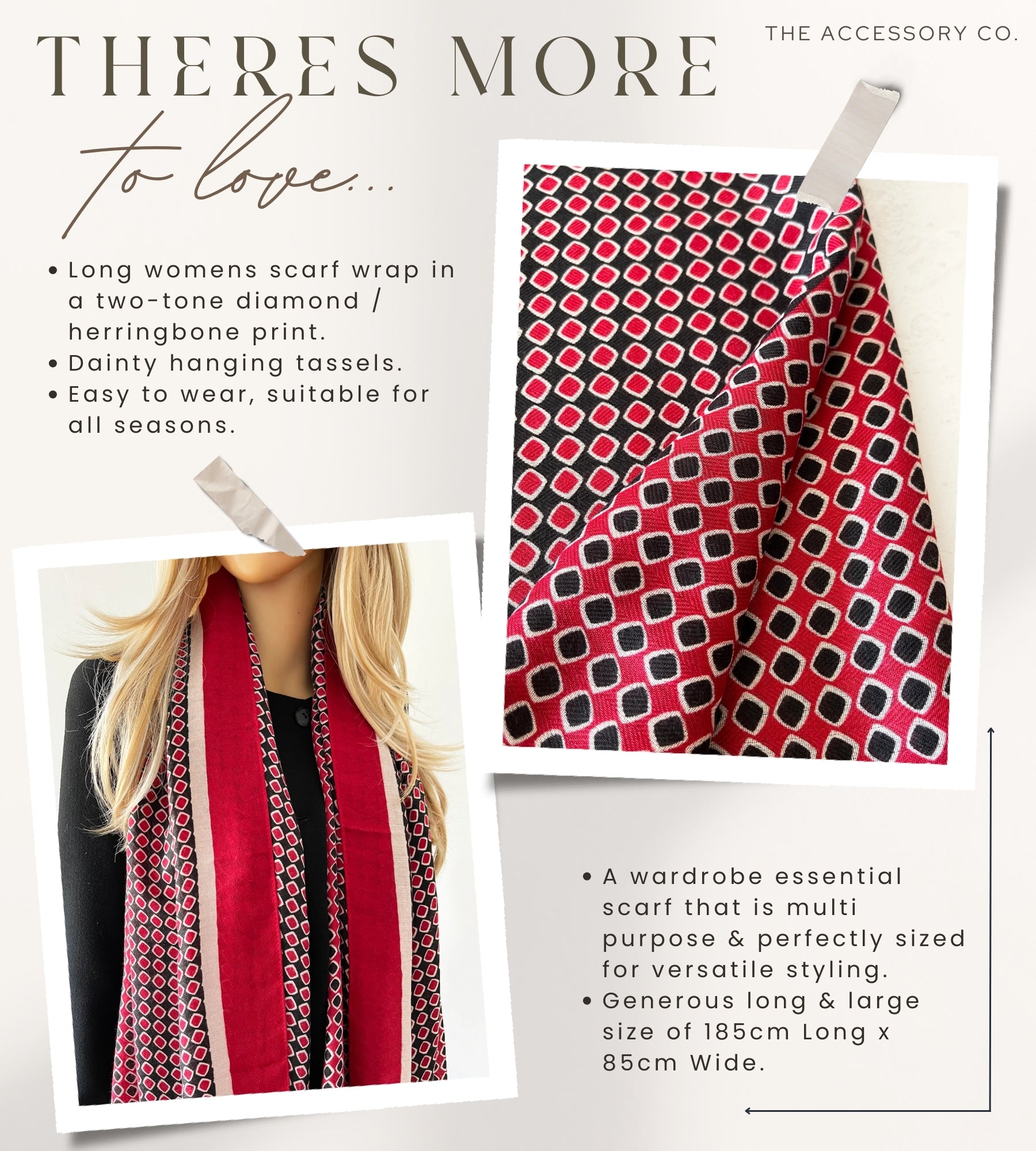 LARGE RED DIAMOND PRINT SHAWL SCARF WITH TASSELS