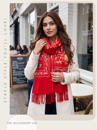 LARGE RED FLOWER PRINT CASHMERE COTTON BLEND WINTER SHAWL BLANKET SCARF