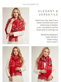 LARGE RED FLOWER PRINT CASHMERE COTTON BLEND WINTER SHAWL BLANKET SCARF