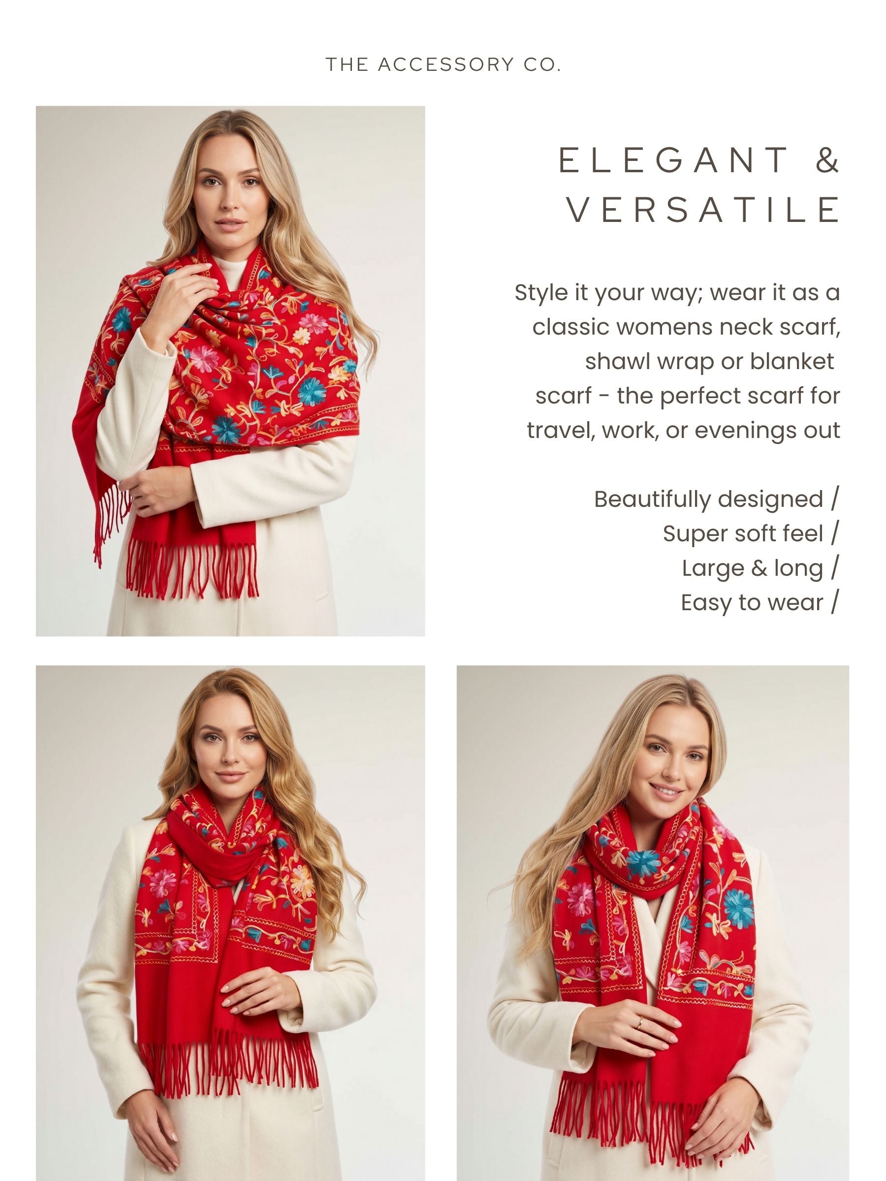 LARGE RED FLOWER PRINT CASHMERE COTTON BLEND WINTER SHAWL BLANKET SCARF