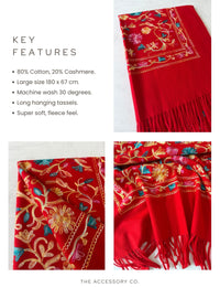 LARGE RED FLOWER PRINT CASHMERE COTTON BLEND WINTER SHAWL BLANKET SCARF