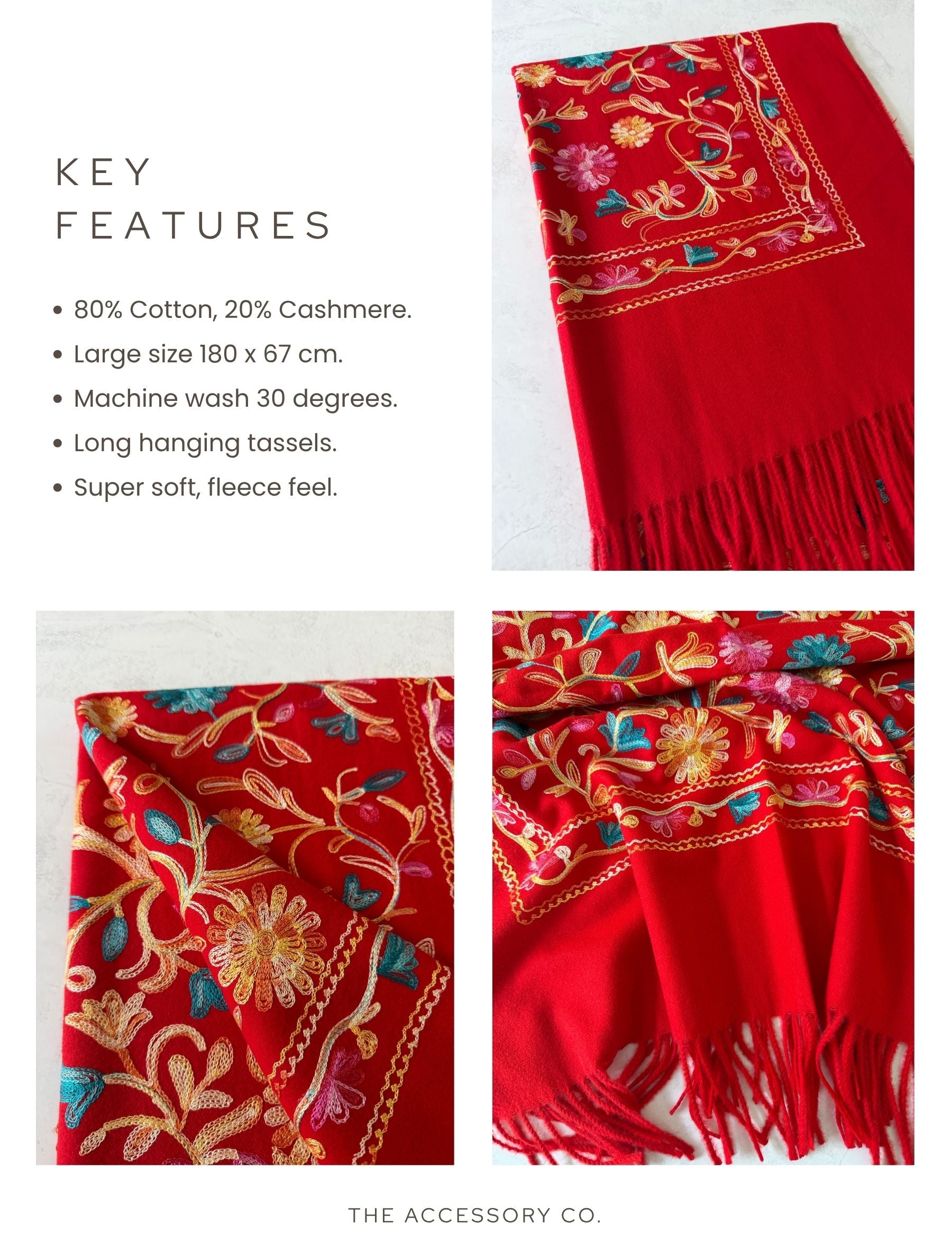 LARGE RED FLOWER PRINT CASHMERE COTTON BLEND WINTER SHAWL BLANKET SCARF